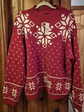 New Tint & Shadow Womens XL Snowflake Chunky Knit Red/White Sweater NWT